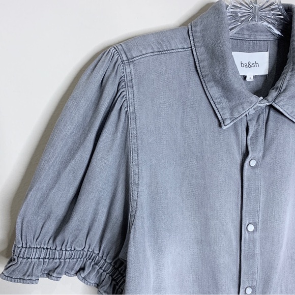 Ba&sh Danee Denim Shirt (Sz 3 / L) Puff Sleeve Button Down Light Grey - Picture 9 of 16